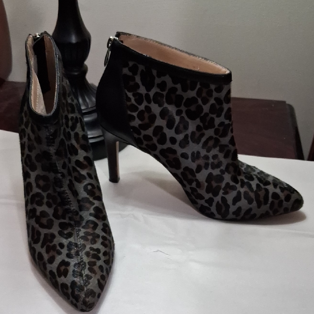 Adrienne Vittadini Gray, Black and Brown Nyla Leopard Calf Hair Ankle Booties